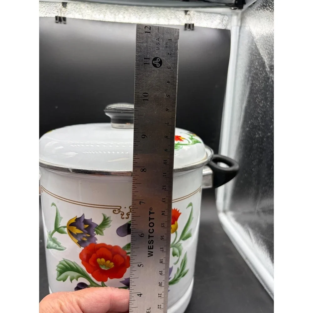 Vintage GMI Enamelware Stock Pot with Lid Floral Poppy‎ White Enamel Soup Pot